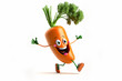 Cheerful funny carrot dancing isolated on a white background. Vegetable healthy food concept. Copy space.