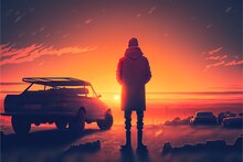 A Man Stands Near An Old Car In The Sunset