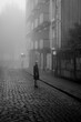 © De Visu - A woman enjoys the atmosphere on a deserted street in the thick fall morning fog. Black and white photo.