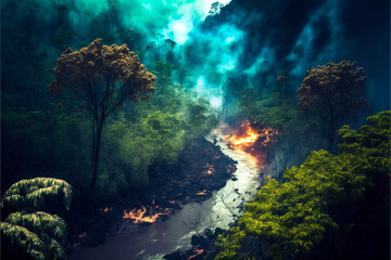 Tropical forest, rainforest, jungle. Wildfire, forest burning, digital painting. Illustration of trees that burn. Ai llustration, fantasy digital painting, artificial intelligence artwork
