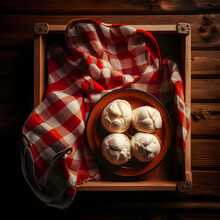Bread In A Wooden Tray On A Red And White Cloth Food Photography