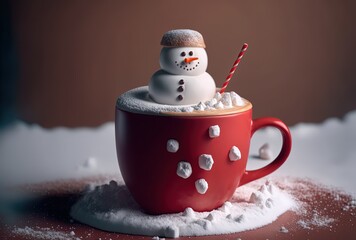 Wall Mural - ice freezing cup of chocolate with cute marshmallow snowman