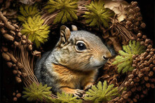 Wild Wood Mouse Peeking Out From Behind A Tree On The Forest Floor. Animals In The Wild. Digital Artwork	
