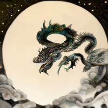 Curled Black Dragon And The Moon