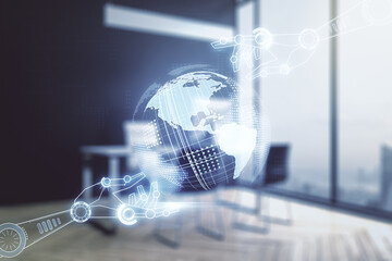 Aufkleber - Creative concept of robotics technology with globe sketch and modern desktop with computer on background. Robot development and automation concept. Multiexposure