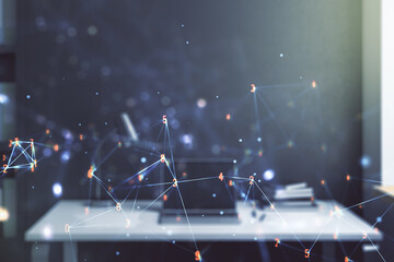Poster - Double exposure of technology hologram and modern desktop with laptop on background. Research and development software concept