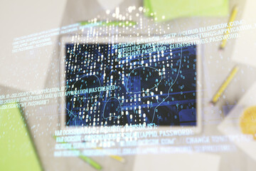 Poster - Creative code skull hologram and modern digital tablet on desktop on background, top view, cybercrime and hacking concept. Multiexposure