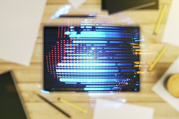 Poster - Abstract creative coding concept with world map and modern digital tablet on background, top view. Multiexposure