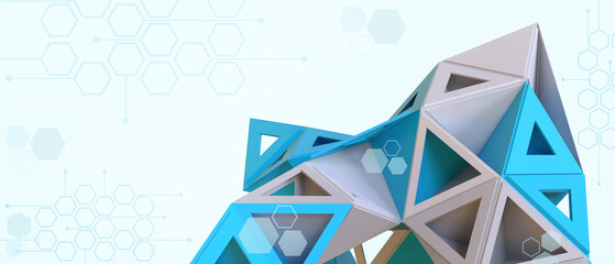Poster - 3D Abstract Background. Technology Network connection structure with Inspiration folding paper concept on Blue. Data, copy space, software, banner, website -3d Rendering