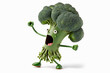 Cheerful funny cartoon broccoli shouting and dancing isolated on a white background. Vegetable healthy food concept. Copy space.