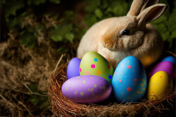 a rabbit sitting in a nest with painted eggs in it's lap and the words easter written in the background., generative ai