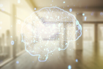 Aufkleber - Virtual creative artificial Intelligence hologram with human brain sketch on modern interior background. Double exposure