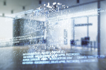 Poster - Abstract virtual creative code skull hologram on a modern furnished office interior background, theft of personal data and malware concept. Multiexposure