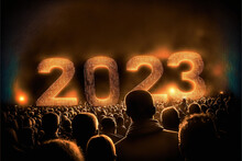 New Year, big 2023 sign in front of a crowd, by night, in flames. Festive, event. Lights and gold. Card, banner or article illustration design.