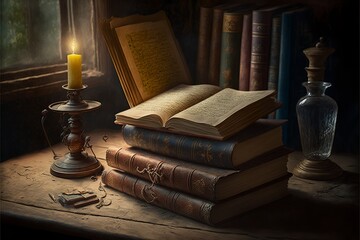 Fantasy study in library with old leather books