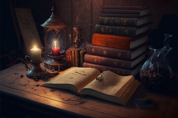 fantasy study in library with old leather books with candle light