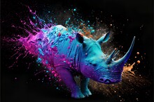 Painted Animal With Paint Splash Painting Technique On Colorful Background Rhino
