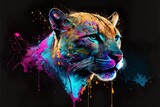 Painted animal with paint splash painting technique on colorful background cougar