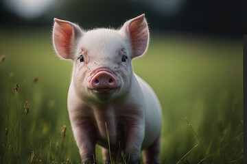 Wall Mural - A juvenile pig standing on the green grass is cute and hilarious. Piglet posing for the camera on the family farm in the meadow, tiny. Typical farming day. Generative AI