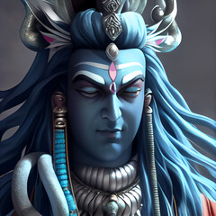 Shiva portrait, hindu god, hinduism deity with blue skin