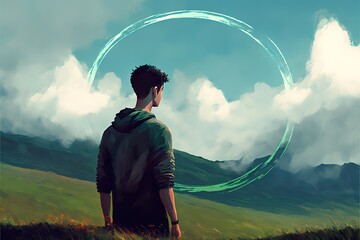 Poster - The guy looks at a giant circle in the sky