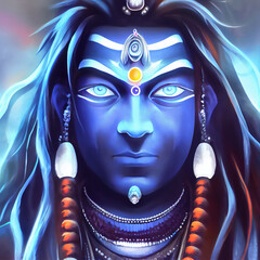 Shiva portrait, hindu god, hinduism deity with blue skin