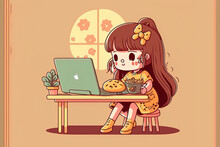 Kawaii Girl With Cookies In Her Hand Using Computer For Study Near Window In A Relaxed, Amusing Manner. Teenage Room With A Red Wall, A Cat, A Yellow Carpet, A Green Table And Chair, And A Coffee Cup