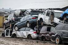 Junk Cars At Auto Salvage Yard In The City,