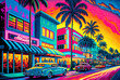 © Sunshower Shots - Miami Florida street, Art Deco. Generative AI