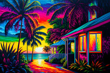 Miami Florida Homes On The Beach, Sunset. Generative AI