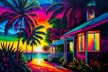 Miami Florida homes on the beach, sunset. Generative AI