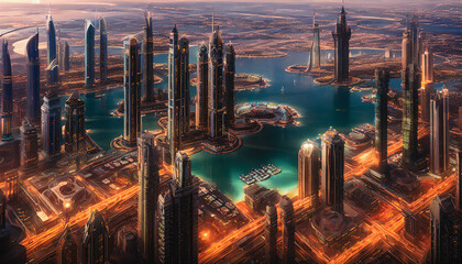 Futuristic cityscape set against a desert. The vibrant colors architecture of Dubai are captured in this abstract piece,showcasing the city's futuristic vision and innovative design. Generative AI