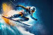 Jumping skier Snowboarding Extreme Winter Sport, High Speed Snow Jump, Skiing at High Speed 3D Illustration. Generative AI