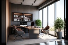 Corner Of Grey And Brown Office Interior With Desk, Stylish Niche, Cabinets, Panoramic View, Three Rolling Chairs And Concrete Floor. Concept Of Modern CEO Work Place Design