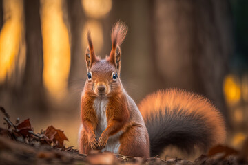 Wall Mural - The Eurasian red squirrel (Sciurus vulgaris) in a woodland during the fall, in its native environment. A close up squirrel portrait. Rich, warm hues are everywhere in the forest. Generative AI