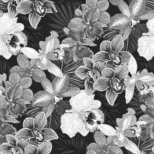 Tropical Flowers - Orchids. Seamless Pattern With Vector Illustrations And Black White Colors