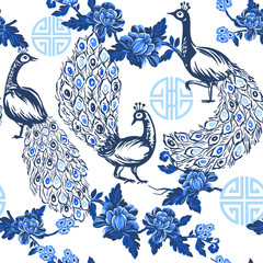 Wall Mural - Fancy peacocks with blossom flowers. Seamless pattern with hand drawn illustrations with chinoiserie theme.