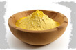 Polenta made of cornmeal in a wooden dish, white background. looking up. Lay flat. Generative AI