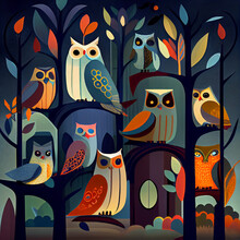 Illustration Of Cute Owls In Trees