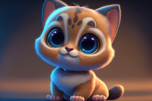 Cute Brown Kitty Cat, Big Blue Eyes, 3D Cartoon Animation Style For Children. Generative AI.