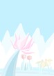 Paesaggio di montagna invernale, illustrazione colori pastello chiari soft, cartolina fiabesca con fiori ghiacciati, jpg, biglietto di auguri, invito a una festa, clima con freddo gelo e neve