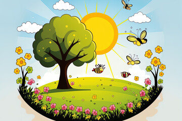 Sticker - A beautiful cartoon scene of a field in the springtime with wildflowers and flying bee families, Beautiful card with the sun shining, clouds, and a honey bee pollinating flowers on a beautiful day, Su