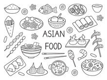 Asian Food Doodle Set. Asian Cuisine In Sketch Style. Hand Drawn Vector Illustration Isolated On White Background