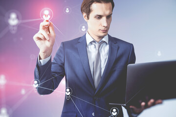 Aufkleber - Cyber and social network concept with businessman looking at laptop screen and using stilus working with digital user symbols connected by lines on virtual touch screen on abstract background