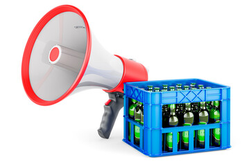 Poster - crate full beer bottles with megaphone. 3d rendering