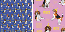 Happy Birthday Pattern With Beagle Dog In A Party Hat, Seamless Texture.Repeatable Tiles, Wrapping Paper, Blue And Pink Background.Holiday Wallpaper With Line Art Cake And Fancy Icon Heart Elements.