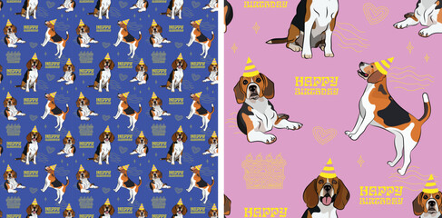 Wall Mural - Happy Birthday Pattern with Beagle dog in a party hat, seamless texture.Repeatable tiles, wrapping paper, blue and pink background.Holiday wallpaper with line art cake and fancy icon heart elements.