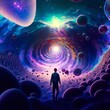 © stockcrafter - A man takes his first psychedelic trip to the center of the universe after consuming DMT. Amazing colorful space. LSD, DMT or psilocybin trip . Generative AI illustrations
