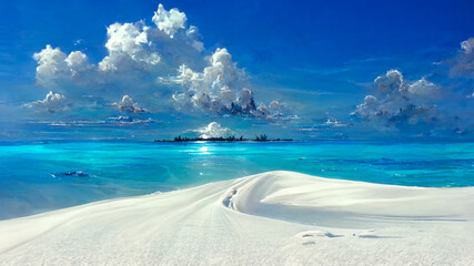 Wall Mural - Paradise island with white sand. Ai llustration, fantasy digital painting, artificial intelligence artwork