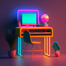 Abstract Neon Desk: 3D Render Of A Vibrant, Futuristic, Abstract Minimalistic Desk Scene (AI Generated)